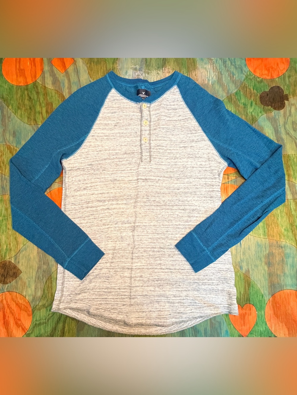 American Eagle Long Sleeve Raglan Henley Shirt Blue Heather Gray Cotton Polyeste